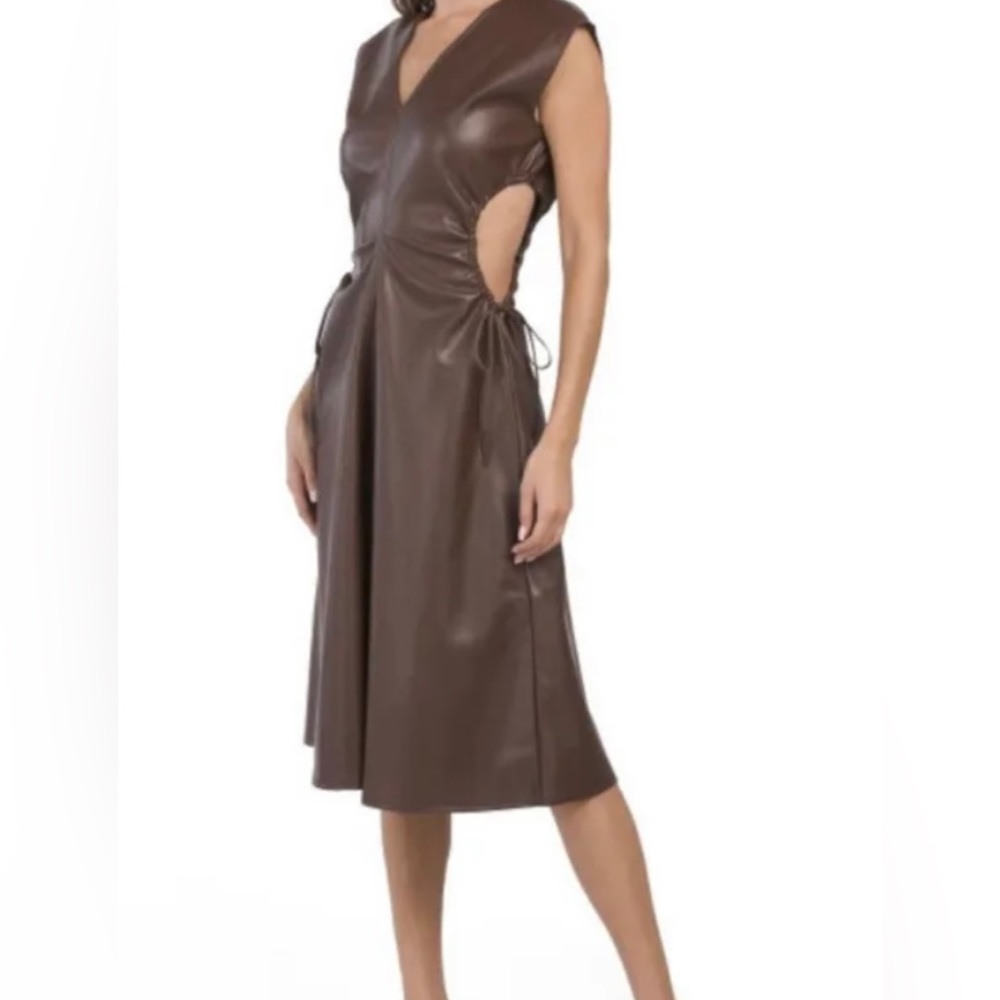 7 for all Mankind- Brown Faux Leather Cutout MIDI DRESS